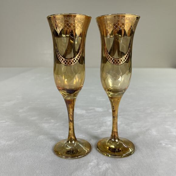 Amber Iridescent 8.25” Glass Flutes with Gold Patterned Overlay Heavy Charity - Picture 4 of 9